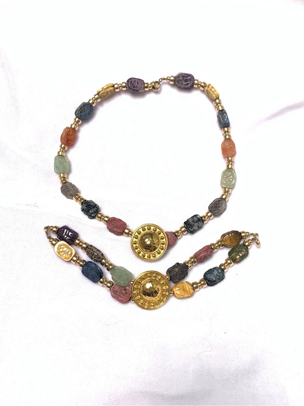 Carlton Ridge for Sutton Hoo 1996 Necklace Bracelet Scarab Carved Stones